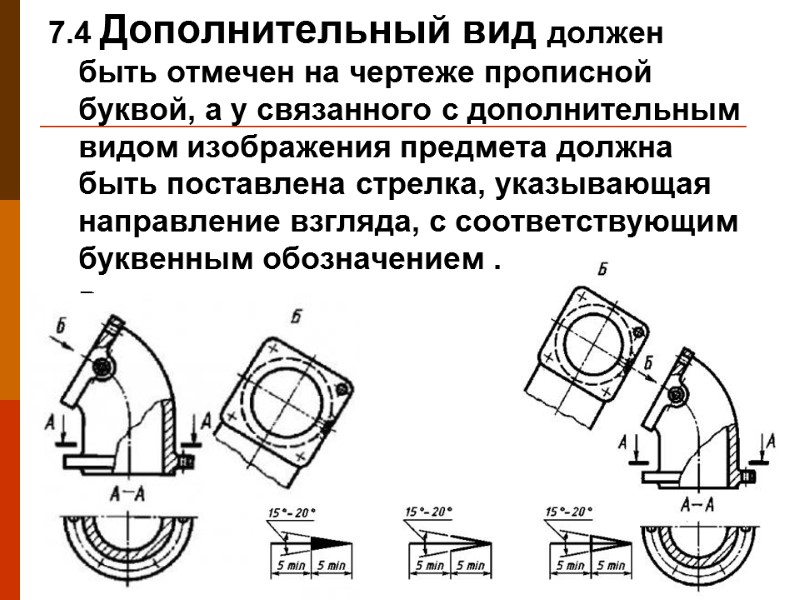 7.4 Дополнительный вид должен быть отмечен на чертеже прописной буквой, а у связанного с